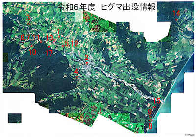 大樹町全体を上空から撮影した写真に令和6年度のヒグマ出没地点が赤い数字で記載された地図 詳細は以下