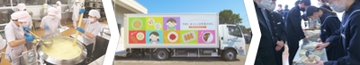 調理員が給食を調理している写真と給食を学校へ届ける運搬車の写真と生徒が給食を盛り付ける写真