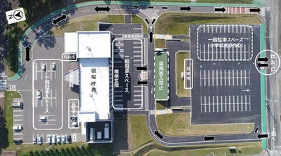 大樹町役場新庁舎の順路・駐車場の位置を記した航空写真 詳細は以下