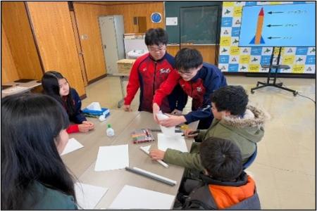 ボランティアサークル生徒が製作を指導している様子