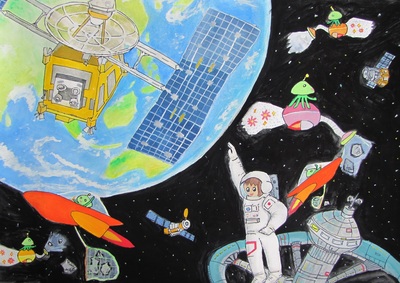 地球、はやぶさや未来の宇宙ステーション、宇宙遊泳をする人や宇宙ごみを回収する宇宙人が、真っ暗な宇宙を背景に描かれた、2011スペースイラストコンテストの作品の写真