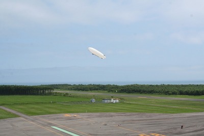 先頭を上にして斜めに浮き上がっている空中の飛行船の写真