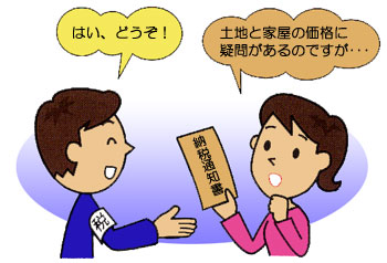 納税通知書を持って質問している女性と対応している男性の図