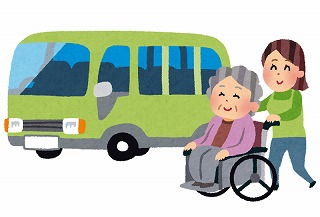 福祉施設の送迎用小型バスと、女性福祉職員が高齢者の乗った車椅子を押しているイラスト