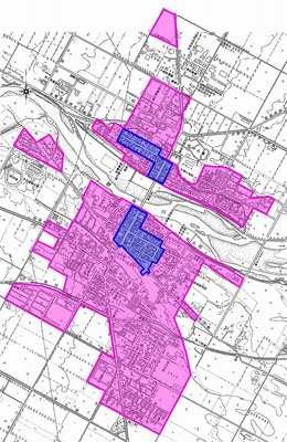 青色と、紫に近い赤色で塗られた市街地宅地評価法(路線価方式)の導入区域の地図 詳細は以下
