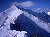 白く雪の積もったペテガリ岳の写真