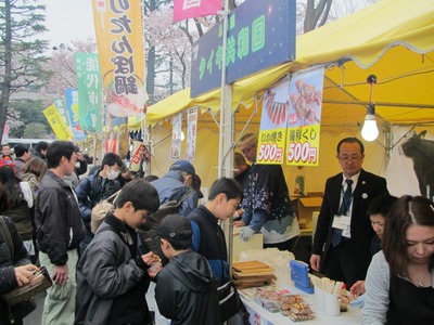 相模原市民桜まつりでイカ焼き、海鮮串焼きを購入しようとしている参加者たちの写真